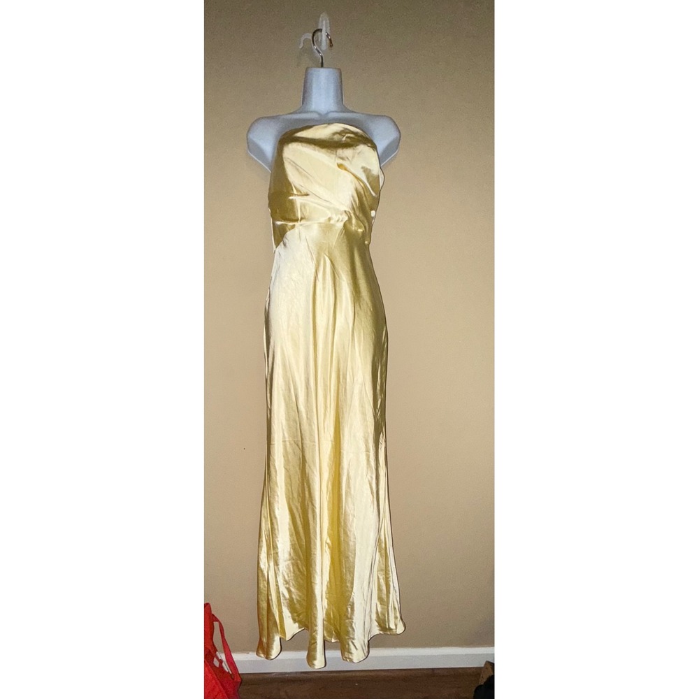 Selfie Leslie NWT Butter Yellow Satin Strapless Maxi Dress Womens M Bridesmaid
